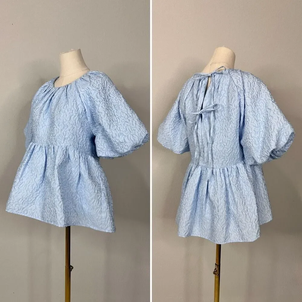Tuckernuck Hyacinth House Julia Jacquard Puff Sleeve Babydoll Top S  Preppy Blue
